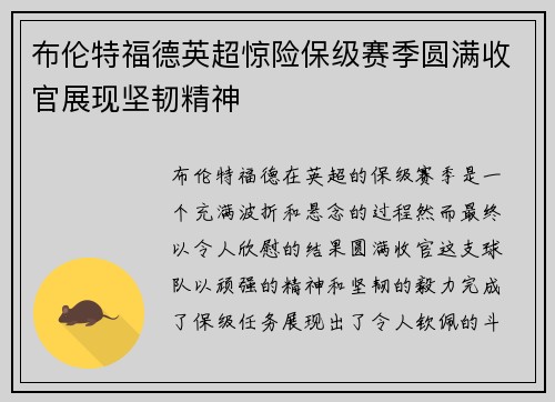 布伦特福德英超惊险保级赛季圆满收官展现坚韧精神 布伦特福德英超惊险保级赛季圆满收官展现坚韧精神